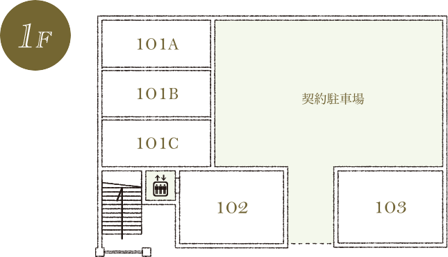 1F　契約駐車場　101　102　103